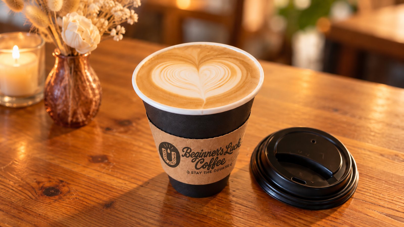A latte in a Beginner's Luck cup on a wooden table, lid beside it